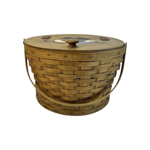 Longaberger Other - Vintage 1986 Longaberger Sewing Yarn Basket Leather Hinged Lid Painted